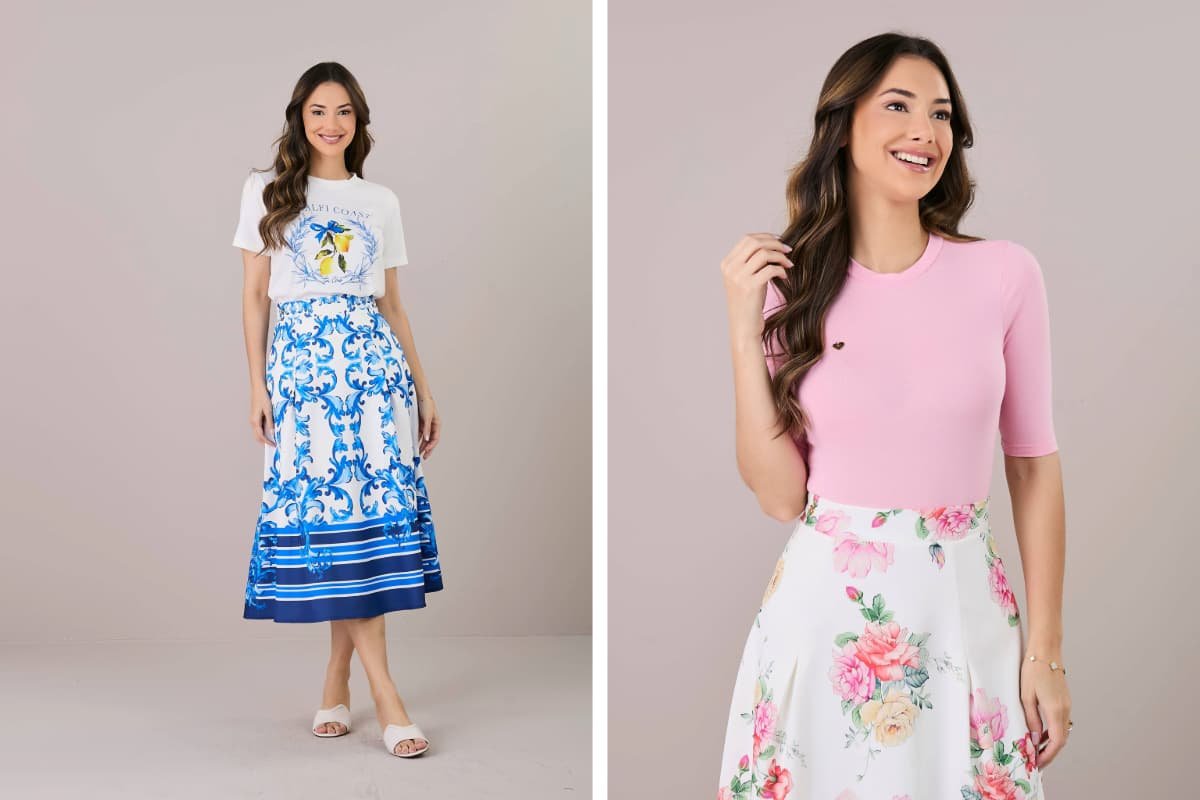 mulheres elegantes com saias estampadas