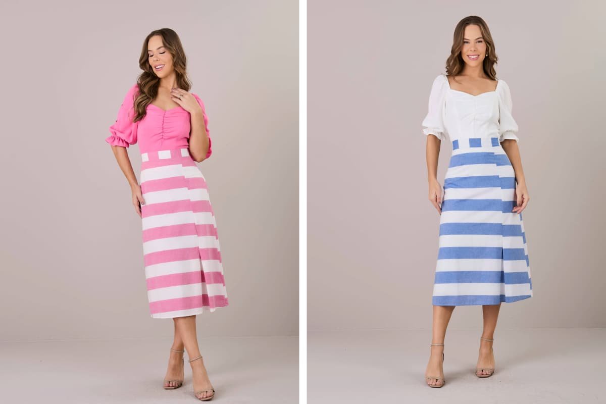 mulheres com looks de saias listradas