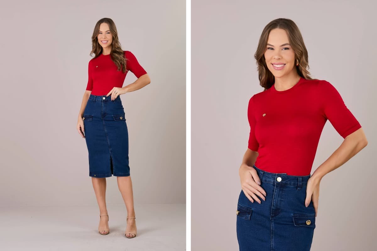 mulher usando saia jeans e blusa vermelha