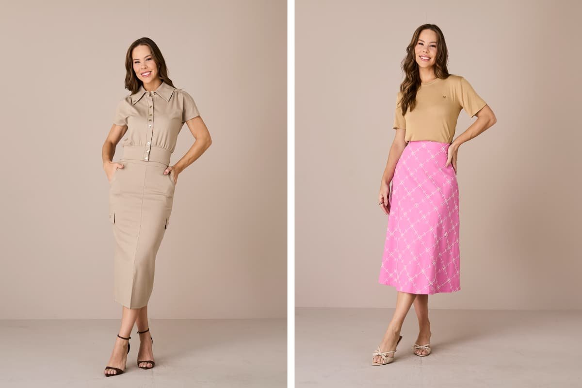 mulheres usando diferentes modelos de saias midi