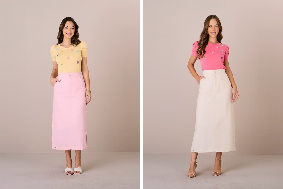 modelos elegantes usando saias midi reta e blusas