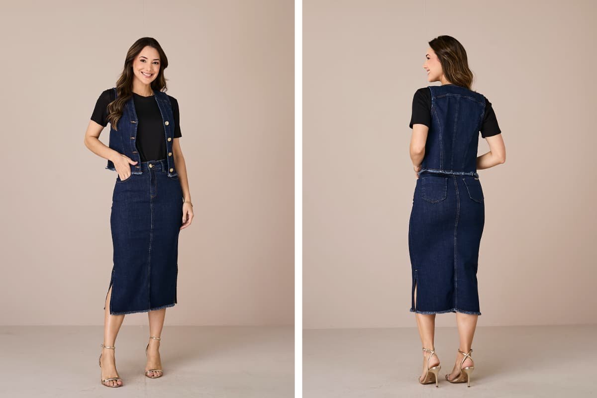 tata martello usando colete jeans feminino