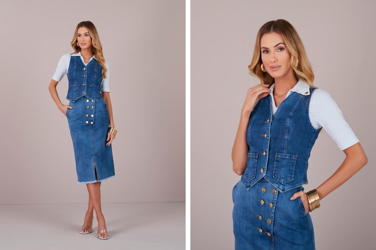 mulher usando look jeans feminino elegante