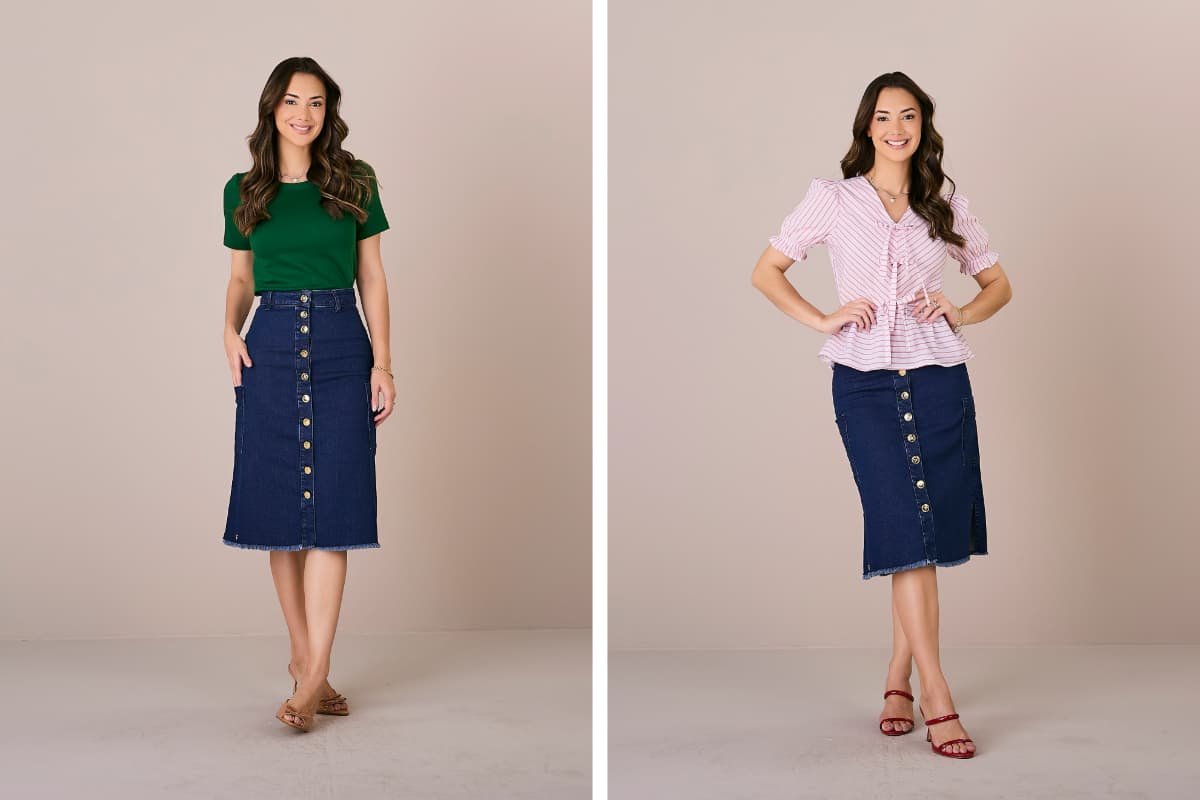 mulher usando look com saia jeans e blusa