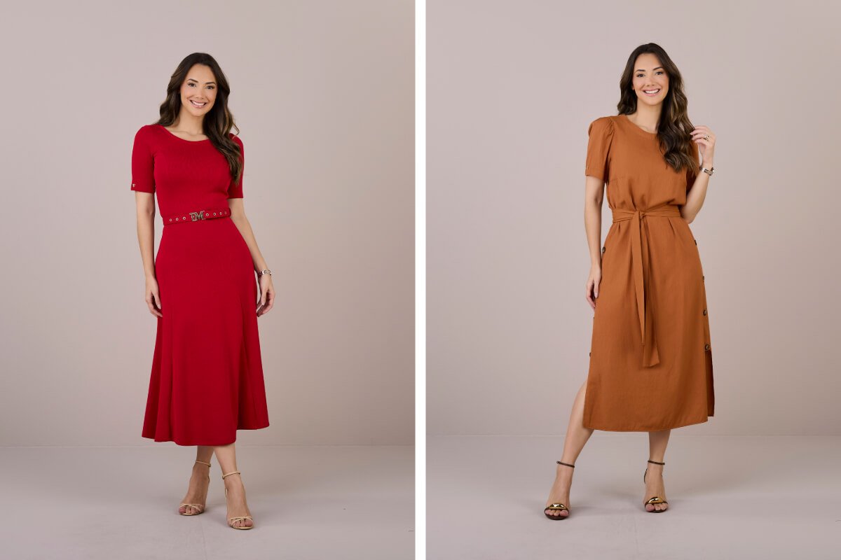 mulheres com vestidos com cinto ou faixa