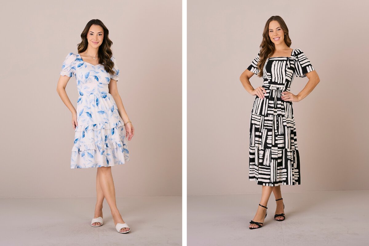 mulheres com vestidos estampados