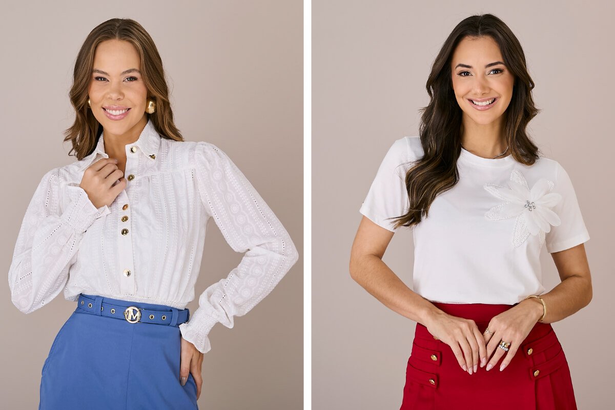 duas mulheres pousando para foto de camisa branca