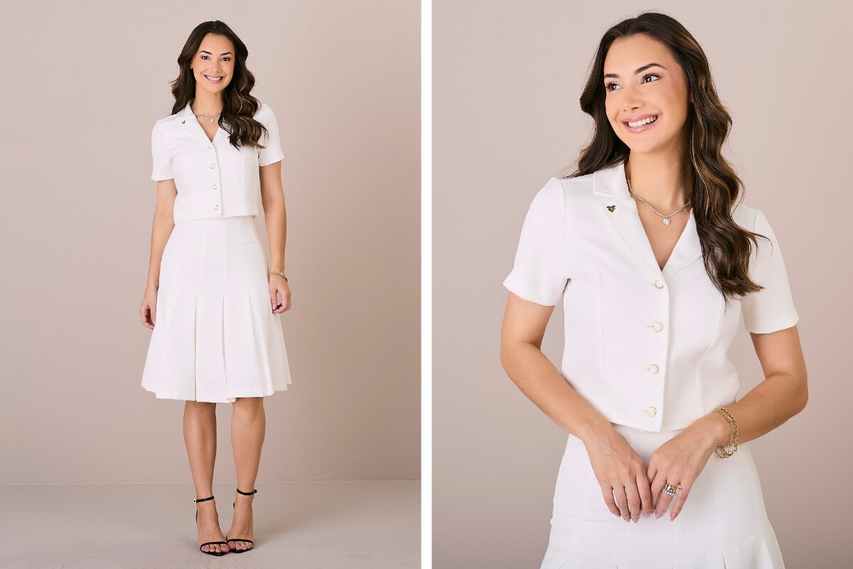 mulher em duas fotos com um conjunto na cor branca