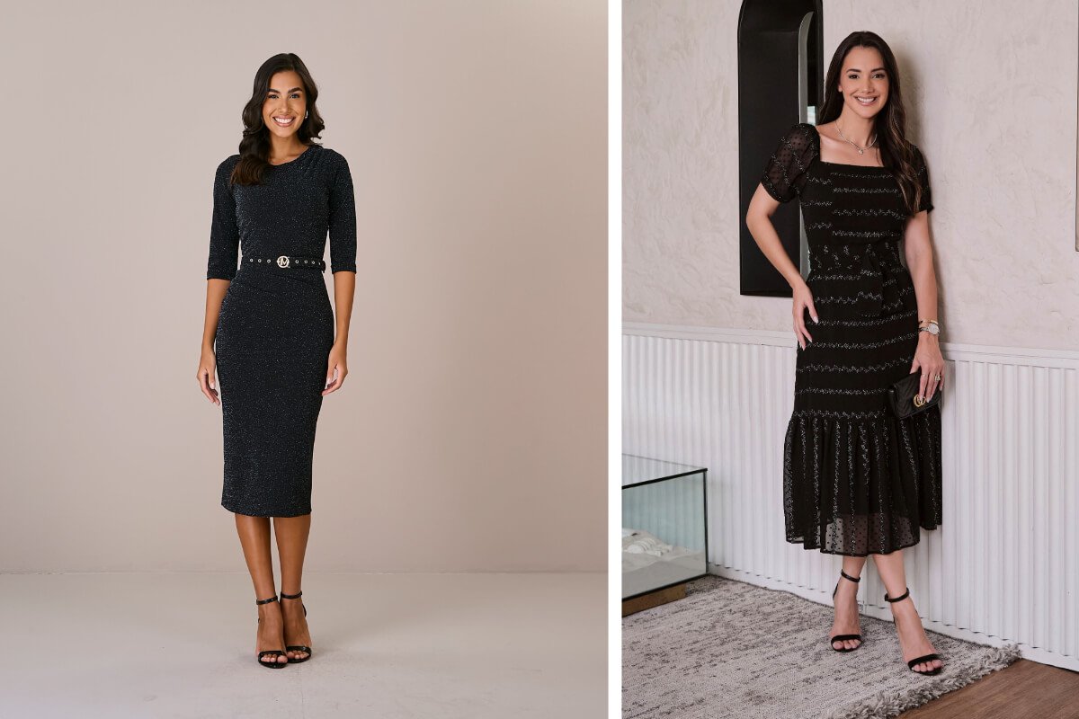 mulheres vestidas com look pretos pousando para foto