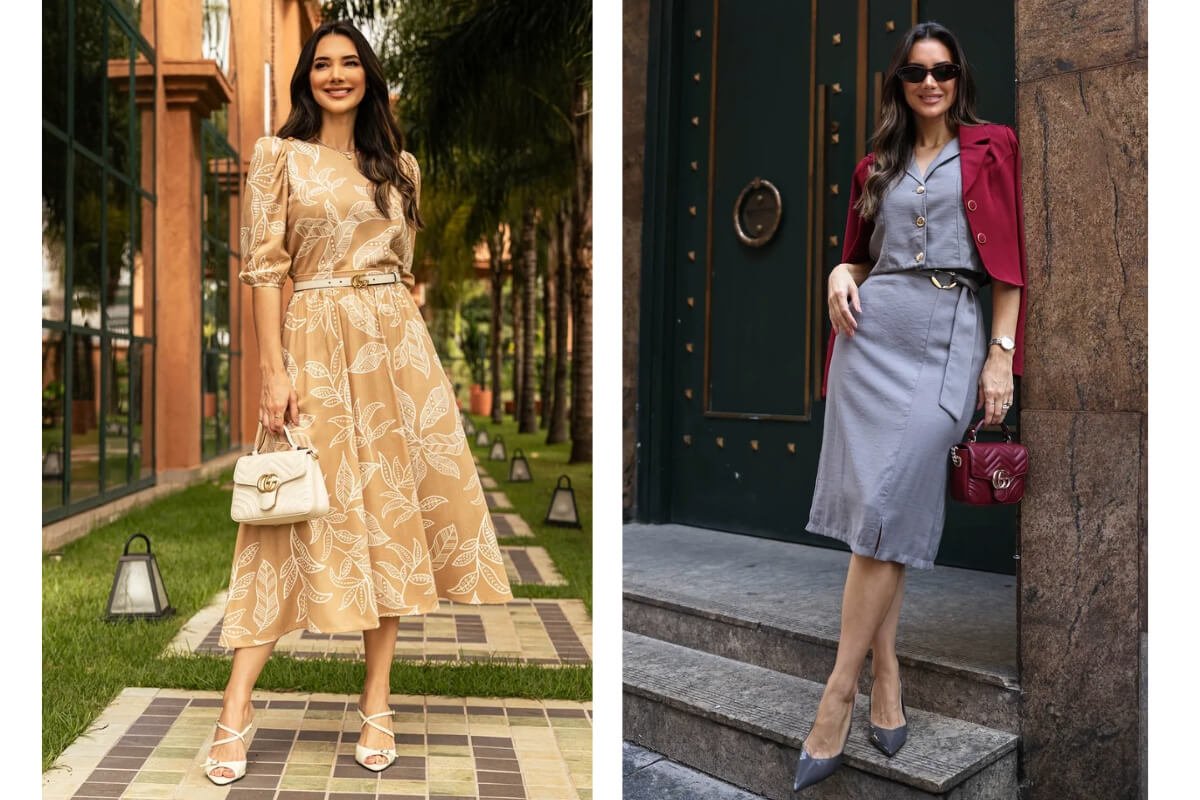 duas mulheres em fotos diferentes vestidas com conjuntos da tata martello