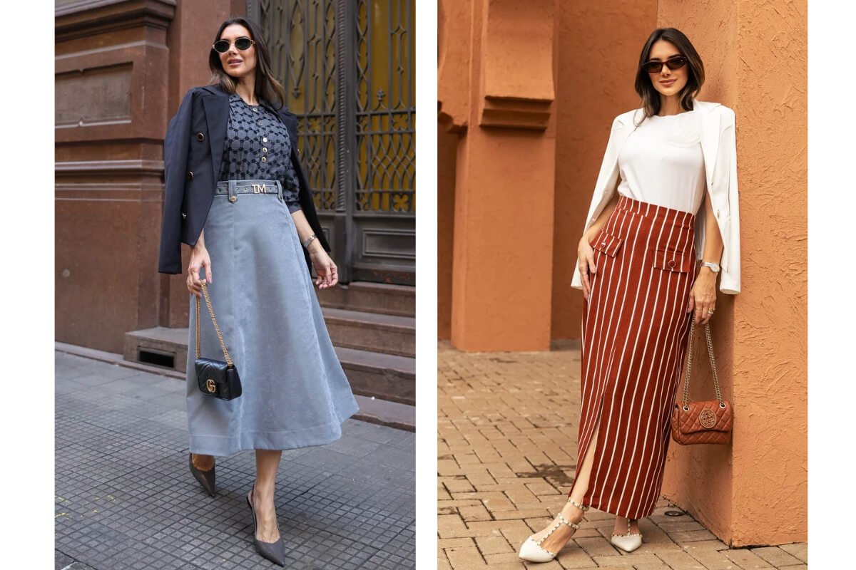 mulheres pousando para foto vestidas com saia