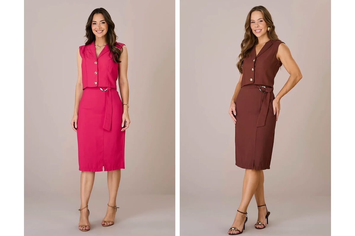 mulher vestida com conjunto colete e saia