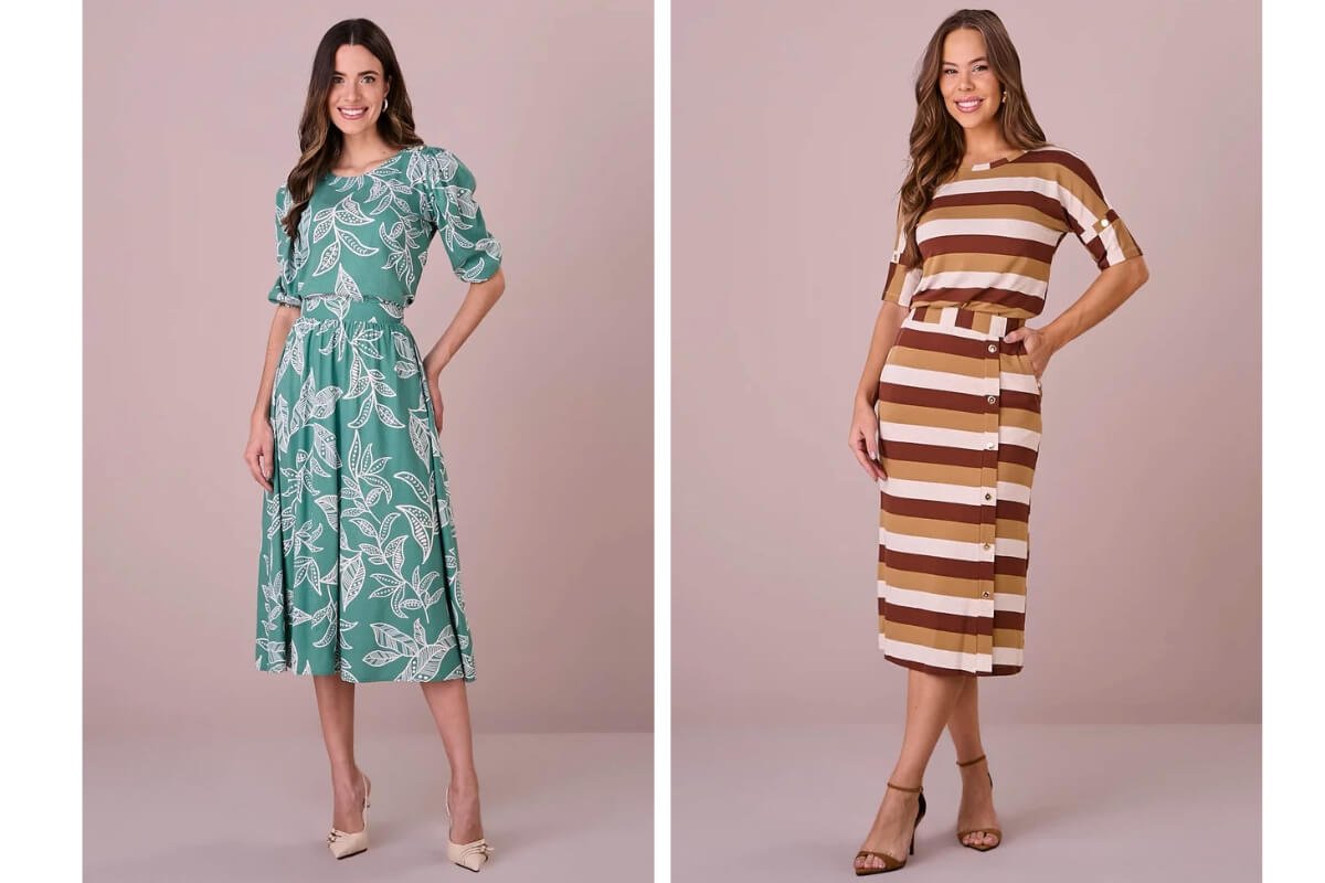 mulheres usando conjuntos estampados