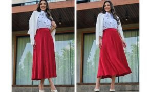 mulher usando saia midi com outras composicoes