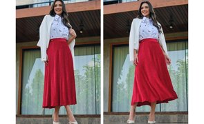 mulher usando saia midi com outras composicoes