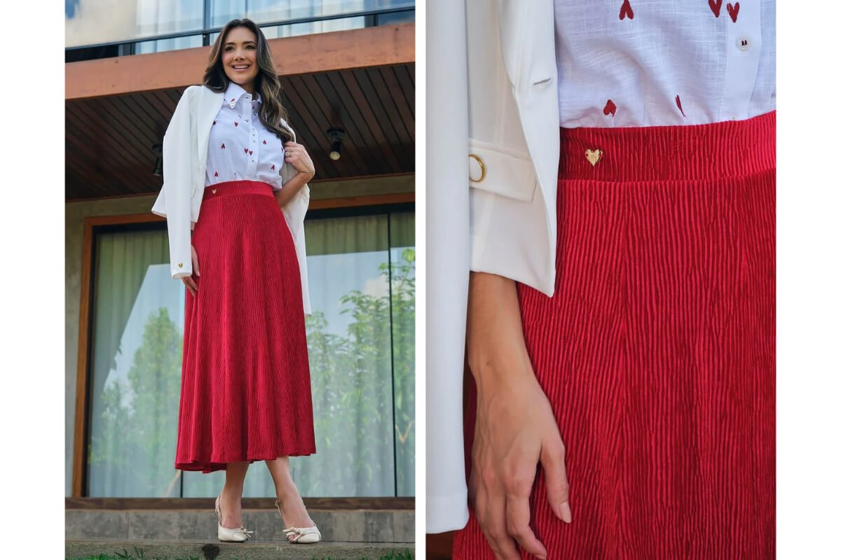 mulher usando saia midi e casaco