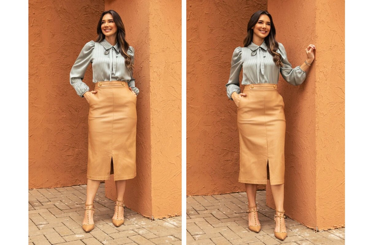 mulher usando saia midi e blusa