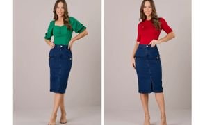 mulher em duas fotos usando saia jeans