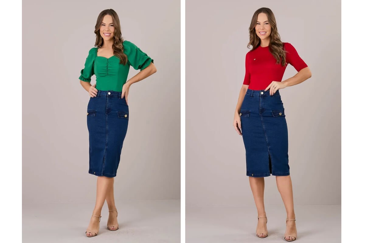 mulher em duas fotos usando saia jeans