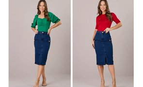 mulher em duas fotos usando saia jeans