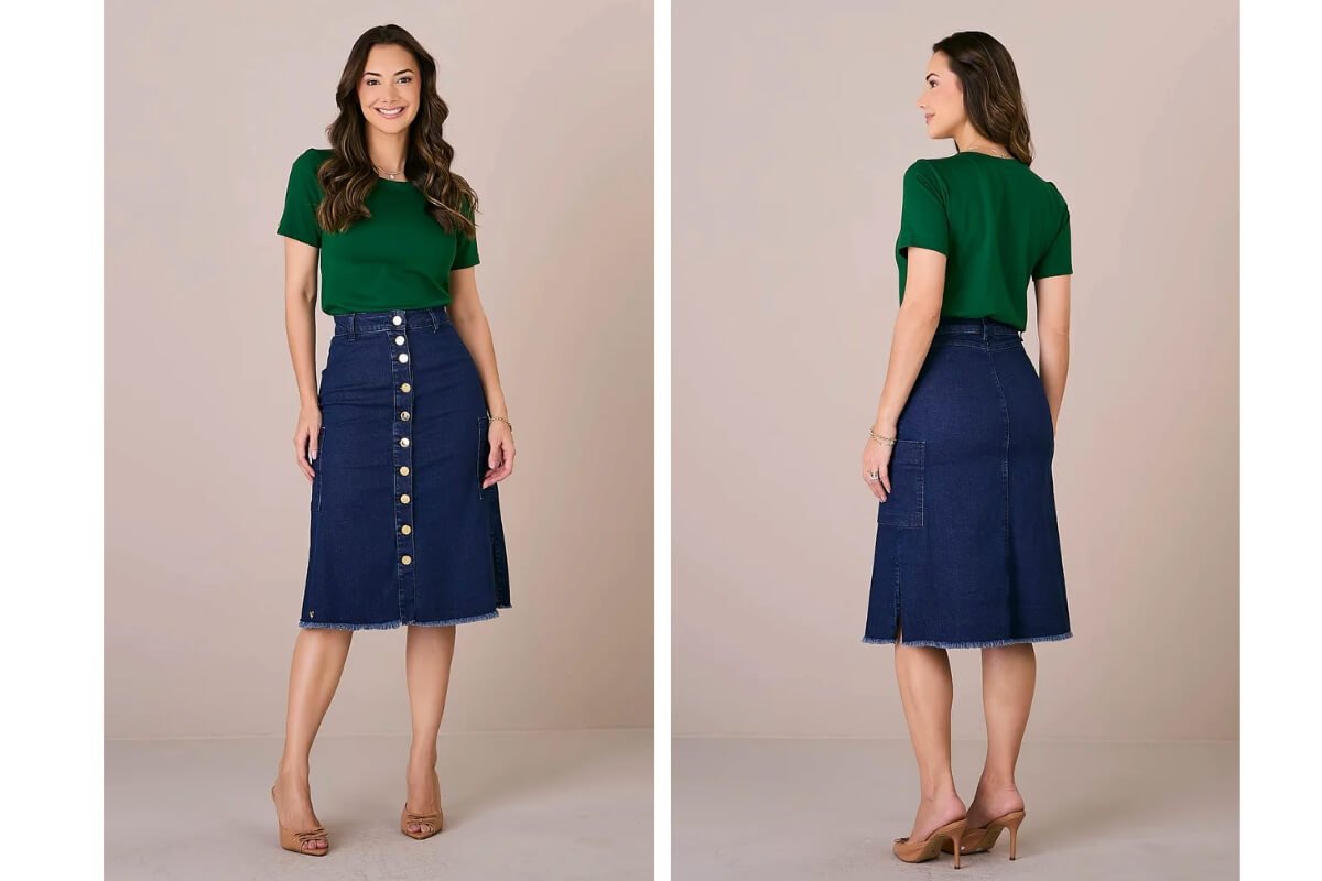 mulher usando saia jeans e blusa verde
